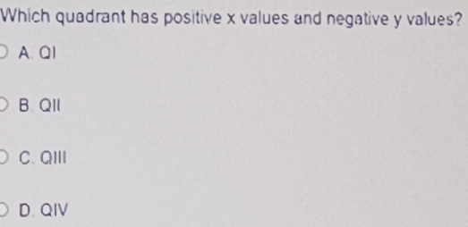 Which quadrant has positive x values and negative y values?
A. Q1
B. QII
C. QIII
D. QIV