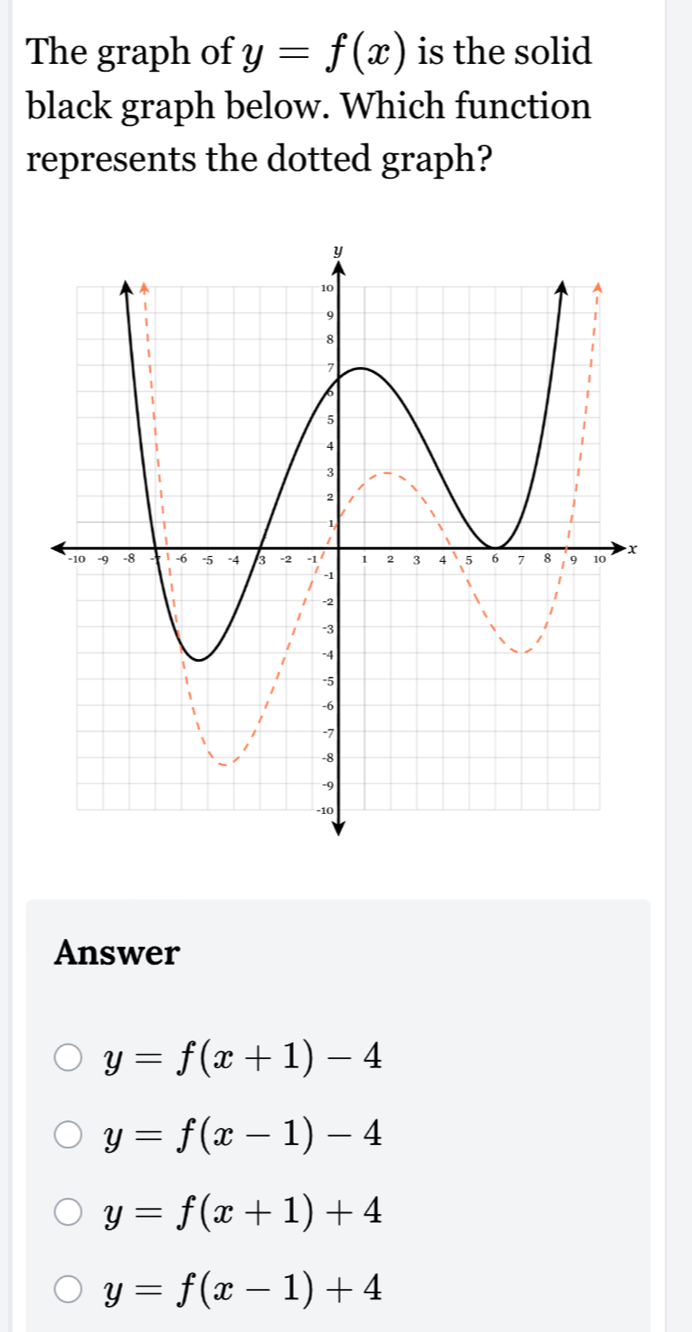 The graph of y=f(x) is the solid
black graph below. Which function
represents the dotted graph?
Answer
y=f(x+1)-4
y=f(x-1)-4
y=f(x+1)+4
y=f(x-1)+4