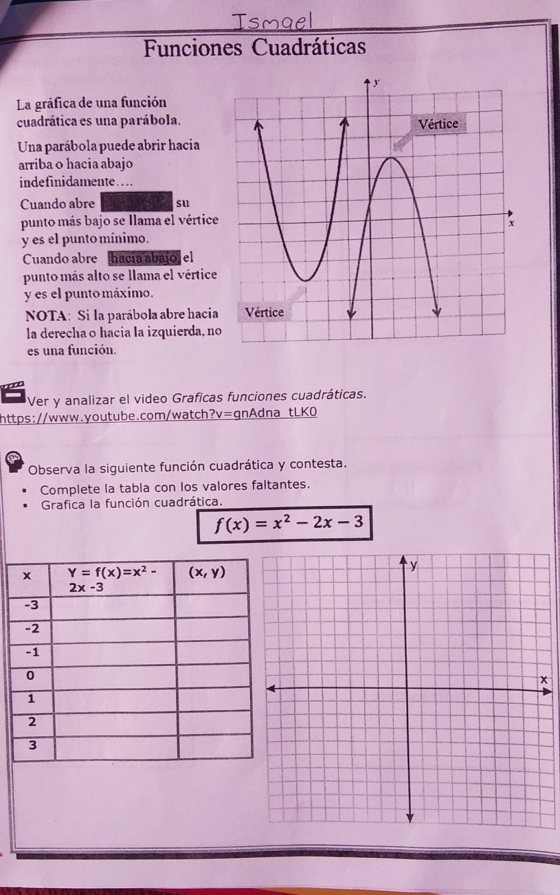 Funciones Cuadráticas
La gráfica de una función
cuadrática es una parábola.
Una parábola puede abrir hacia
arriba o hacia abajo
indefinidamente…
Cuando abre su
punto más bajo se llama el vértice
y es el punto mínimo.
Cuando abre hacía abajor el
punto más alto se llama el vértice
y es el punto máximo.
NOTA: Si la parábola abre hacia
la derecha o hacia la izquierda, n
es una función.
Ver y analizar el video Graficas funciones cuadráticas.
https://www.youtube.com/watch?v=gnAdna tLK0
Observa la siguiente función cuadrática y contesta.
Complete la tabla con los valores faltantes.
Grafica la función cuadrática.
f(x)=x^2-2x-3
x