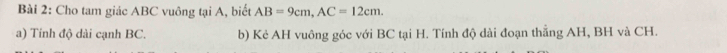 Cho tam giác ABC vuông tại A, biết AB=9cm, AC=12cm. 
a) Tính độ dài cạnh BC. b) Kẻ AH vuông góc với BC tại H. Tính độ dài đoạn thắng AH, BH và CH.