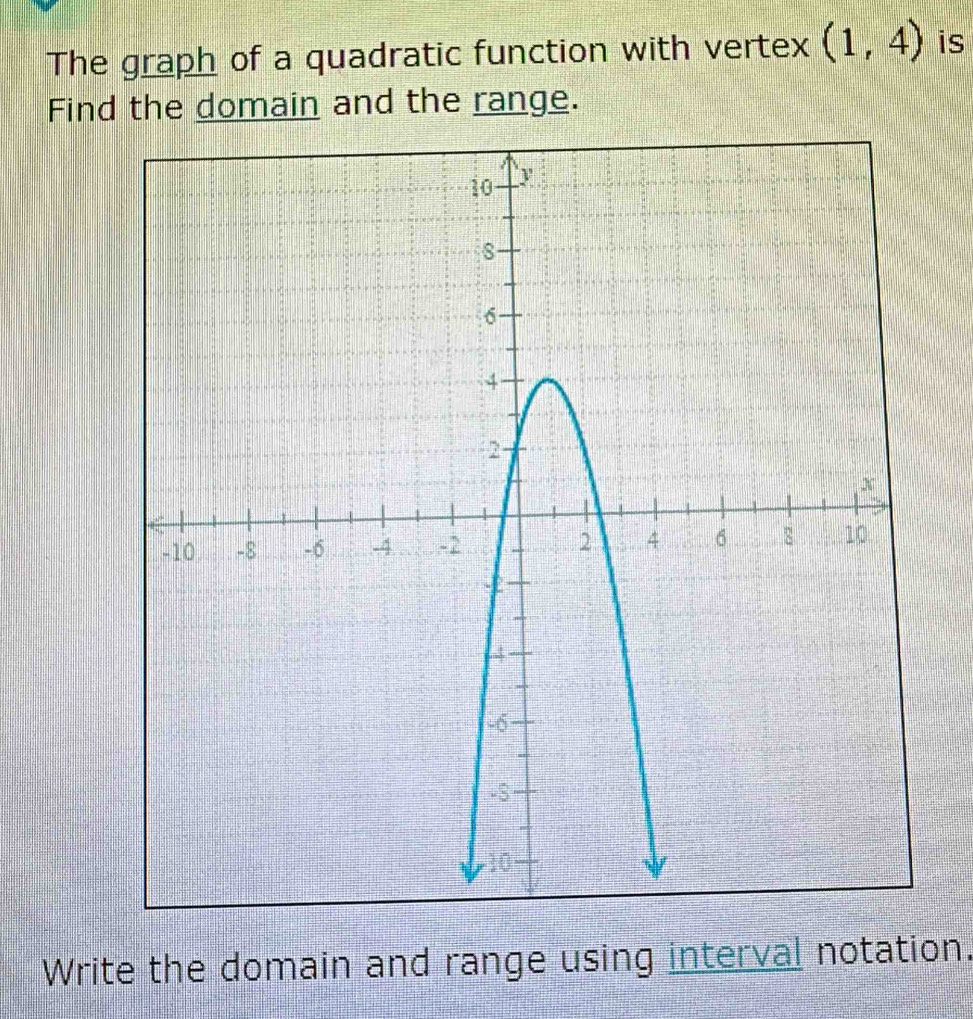 The graph of a quadratic function with vertex (1,4) is 
Find the domain and the range. 
Write the domain and range using interval notation.