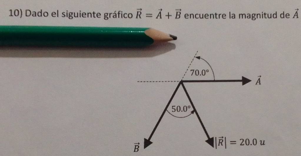 Dado el siguiente gráfico vector R=vector A+vector B encuentre la magnitud de vector A