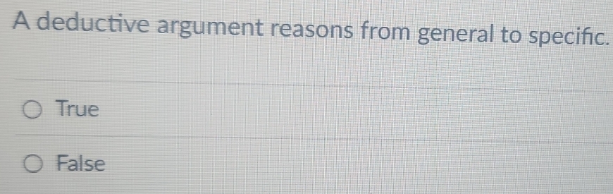 A deductive argument reasons from general to specifıc.
True
False