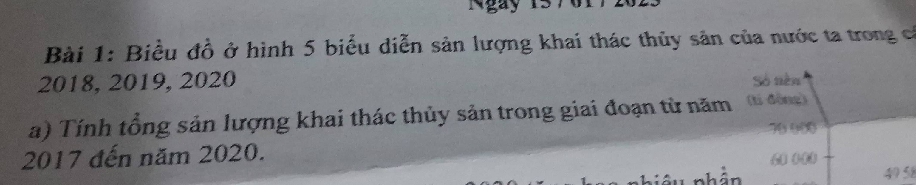 gay 15 7 
Bài 1: Biểu đồ ở hình 5 biểu diễn sản lượng khai thác thủy sản của nước ta trong cá 
2018, 2019, 2020 Số nèn 
a) Tính tổng sản lượng khai thác thủy sản trong giai đoạn từ năm (ti đồng) 
7(400
2017 đến năm 2020.
6 (1
49 58