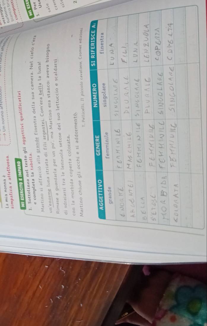 La mia nonna è 
furbone (m 
simpatica e affettuosa. * Un nonno affettu o s o 
compost bianco bru 
MI ESERCITO E IMPARO 
1. Sottolínea nel testo gli aggettivi qualificativi 
e completa la tabella. 
MI ESEF 
1. Per 
Martíno si affacció alla grande finestra della sua camera. Nel cielo c'era 
un'enorme luna striata di fili argentei. Com'era bella la luna! 
Usa 
Rimase a guardarla per un po', ma Martino era stanco: aveva bisogno 
sale 
di sdraiarsi tra le lenzuola setose del suo lettuccio e scaldarsi 
cren 
sile 
con la morbida coperta colorata. 
Martino chiuse gli occhi e si addormentò. 
2 
T. Pellicelli. Il piccolo cavaliere, Cromer edizioni