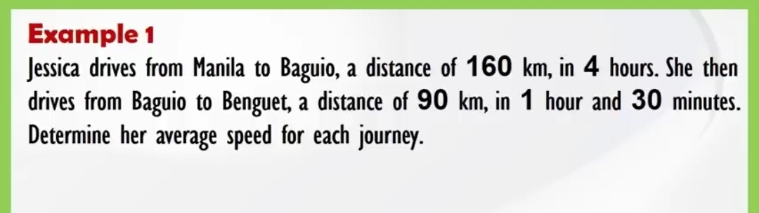 Example 1 
Jessica drives from Manila to Baguio, a distance of 160 km, in 4 hours. She then 
drives from Baguio to Benguet, a distance of 90 km, in 1 hour and 30 minutes. 
Determine her average speed for each journey.