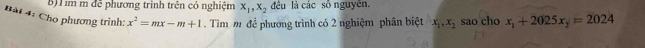 im m đề phương trình trên có nghiệm x_1, x_2 đều là các số nguyên. 
Bài 4: Cho phương trình: x^2=mx-m+1. Tìm m đề phương trình có 2 nghiệm phân biệt x_1, x_2 sao cho x_1+2025x_2=2024