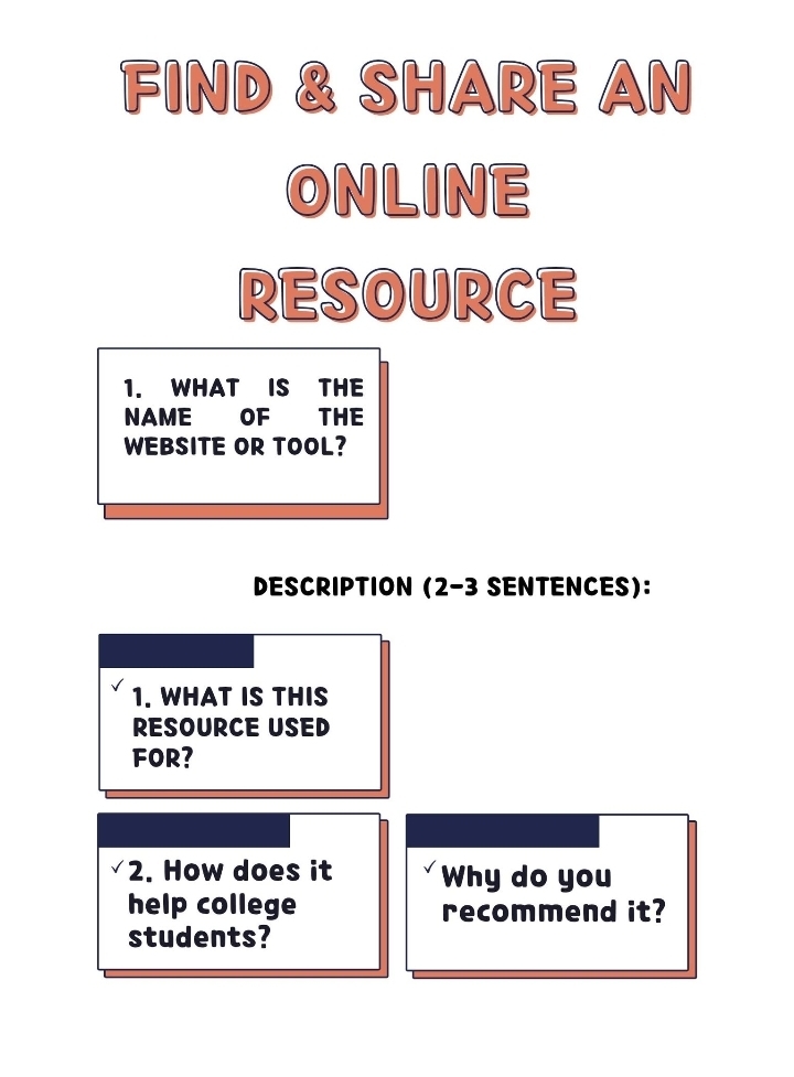 FIND & SHARE AN 
ONLINE 
RESOURCE 
1. WHAT IS THE 
NAME OF THE 
WEBSITE OR TOOL? 
DESCRIPTION (2-3 SENTENCES): 
1. WHAT IS THIS 
RESOURCE USED 
FOR? 
2. How does it Why do you 
help college recommend it? 
students?