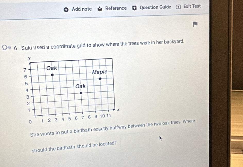 Add note Reference Question Guide Exit Test 
1) 6. Suki used a coordinate grid to show where the trees were in her backyard. 
She wants to put a birdbath exactly halfway between the two oak trees. Where 
should the birdbath should be located?