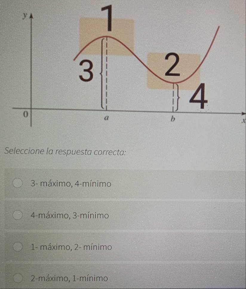 Seleccione la respuesta correcta:
3 - máximo, 4 -mínimo
4 -máximo, 3 -mínimo
1 - máximo, 2 - mínimo
2 -máximo, 1 -mínimo