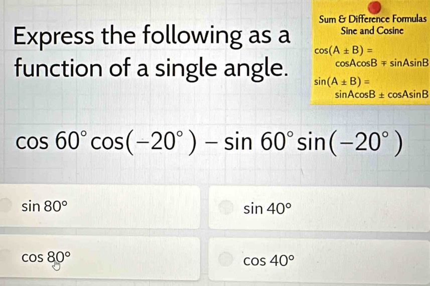Solved: Sum & Difference Formulas Express the following as a Sine and ...