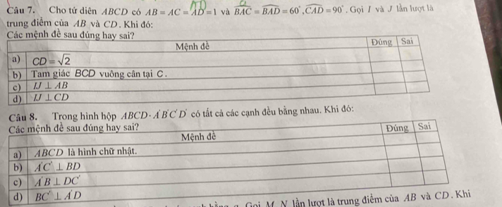 Cho tứ diên ABCD có AB=AC=AD=1 và widehat BAC=widehat BAD=60°,widehat CAD=90°. Gọi / và J lần lượt là
trung điểm của AB và CD. Khi đó:
8. Trong hình hộp ABCD A'B' C D có tất cả các cạnh đều bằng nhau. Khi đó:
ioi M.