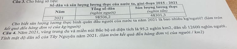 Cho bảng số liệu: 
, giai đoạn 2015 - 2021 
Cho biết sản lượng lương thực bình quân đầu người ci? (làm tròn 
kết quả đến hàng đơn vị của kg/người) 
Câu 4. Năm 2021, vùng trung du và miền núi Bắc bộ có diện tích là 95,2 nghìn km2, dân số 12600 nghìn người. 
Tính mật độ dân số của Tây Nguyên năm 2021. (làm tròn kết quả đến hàng đơn vị của người / km2)