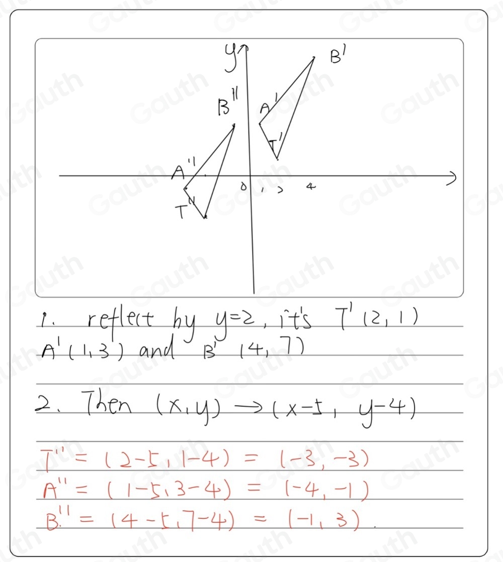 1. reflect by y=2 , it's T'(2,1)
A'(1,3') and B'(4,7)
2. Then (x,y)to (x-5,y-4)
T''=(2-5,1-4)=(-3,-3)
A''=(1-5,3-4)=(-4,-1)
B''=(4-5,7-4)=(-1,3)