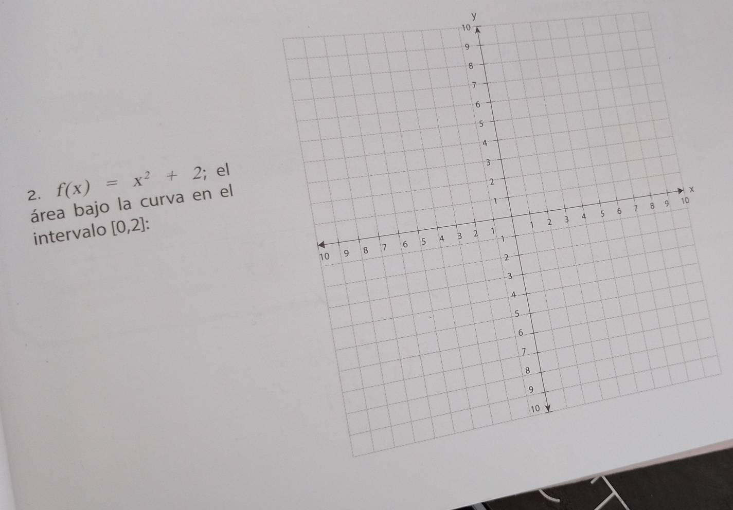 y
2. f(x)=x^2+2; el 
área bajo la curva en el 
intervalo [0,2] :