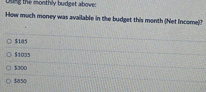 Using the monthly budget above:
How much money was available in the budget this month (Net Income)?
$185
$1035
$300
$850