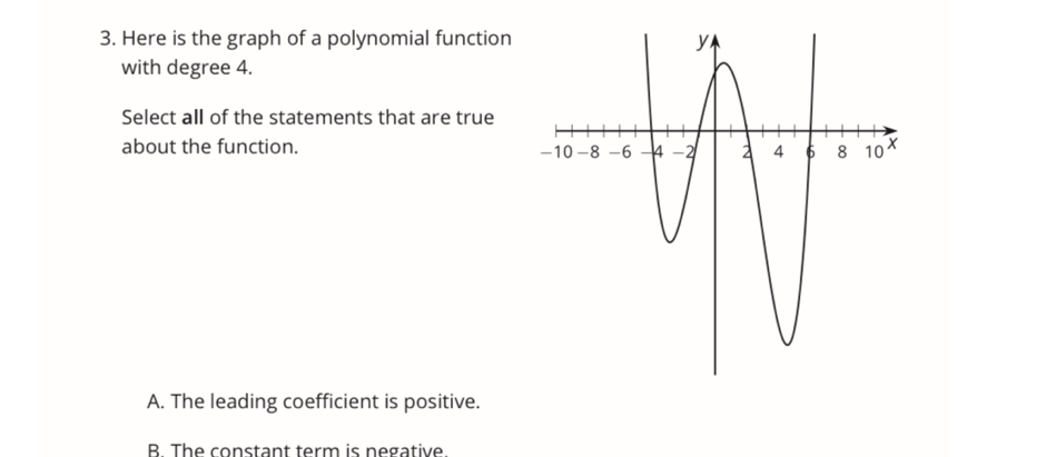 Here is the graph of a polynomial function
with degree 4.
Select all of the statements that are true
about the function.
A. The leading coefficient is positive.
B The constant term is negative