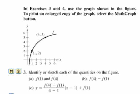 In Exercises 3 and 4, use the graph shown in the figure.
To print an enlarged copy of the graph, select the MathGraph
button.
M ⑧ 3. Identify or sketch each of the quantities on the figure.
(a) f(1) and f(4) (b) f(4)-f(1)
(c) y= (f(4)-f(1))/4-1 (x-1)+f(1)