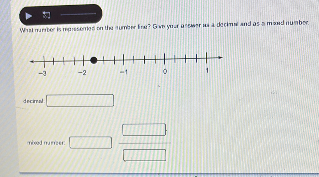 What number is represented on the number line? Give your answer as a decimal and as a mixed number. 
,: 
decimal: □ 
mixed number: □  □ /□  