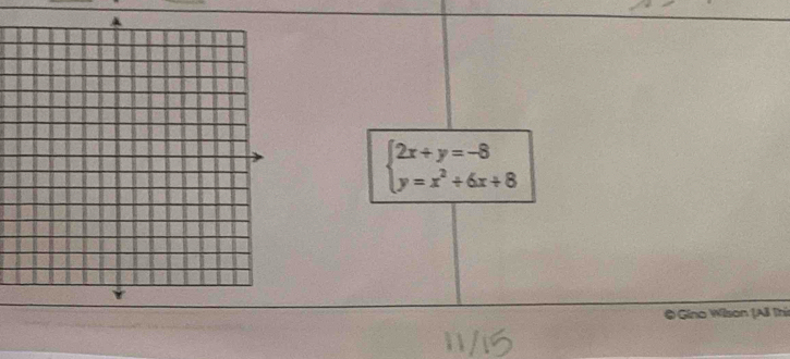 beginarrayl 2x+y=-8 y=x^2+6x+8endarray.
© Gino Wilson (All Thí