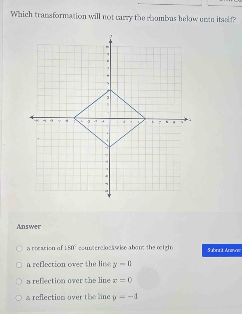 Which transformation will not carry the rhombus below onto itself?
Answer
a rotation of 180° counterclockwise about the origin Submit Answer
a reflection over the line y=0
a reflection over the line x=0
a reflection over the line y=-4