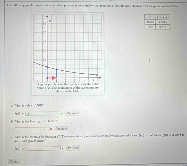 The following graph shows a function where y varies exponentially with respect to æ. Use the applet to to answer the questions that follow
y 
60
50
40
30
20
10
-1 T 1 2 3 4 5
Drag the purple X on the z-axis to vary the initial
value of x. The coordinates of the two points are
shown in the table.
a. What is value of f(0) ?
f(0)= 12 | Preview
b. What is the 1-unit growth factor?
Preview
c. What is the formula for function f? (Remember that exponential function formulas have the form f(x)=ab^x where f(0)=a and b is
the I-unit growth factor)
f(x)=□ u Preview
Submit