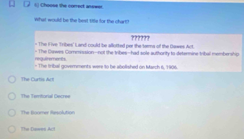 Choose the correct answer.
What would be the best title for the chart?
??????
- The Five Tribes' Land could be allotted per the terms of the Dawes Act.
• The Dawes Commission—not the tribes—had sole authority to determine tribal membership
requirements
- The tribal governments were to be abolished on March 6, 1906.
The Curtis Act
The Territorial Decree
The Boomer Resolution
The Dawes Act