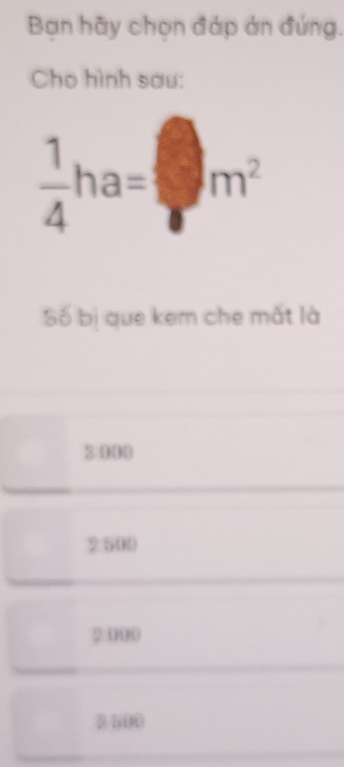 Bạn hãy chọn đáp án đúng.
Cho hình sau:
 1/4 ha=□ m^2
Số bị que kem che mất là
2.000
2540
2.000
D 500