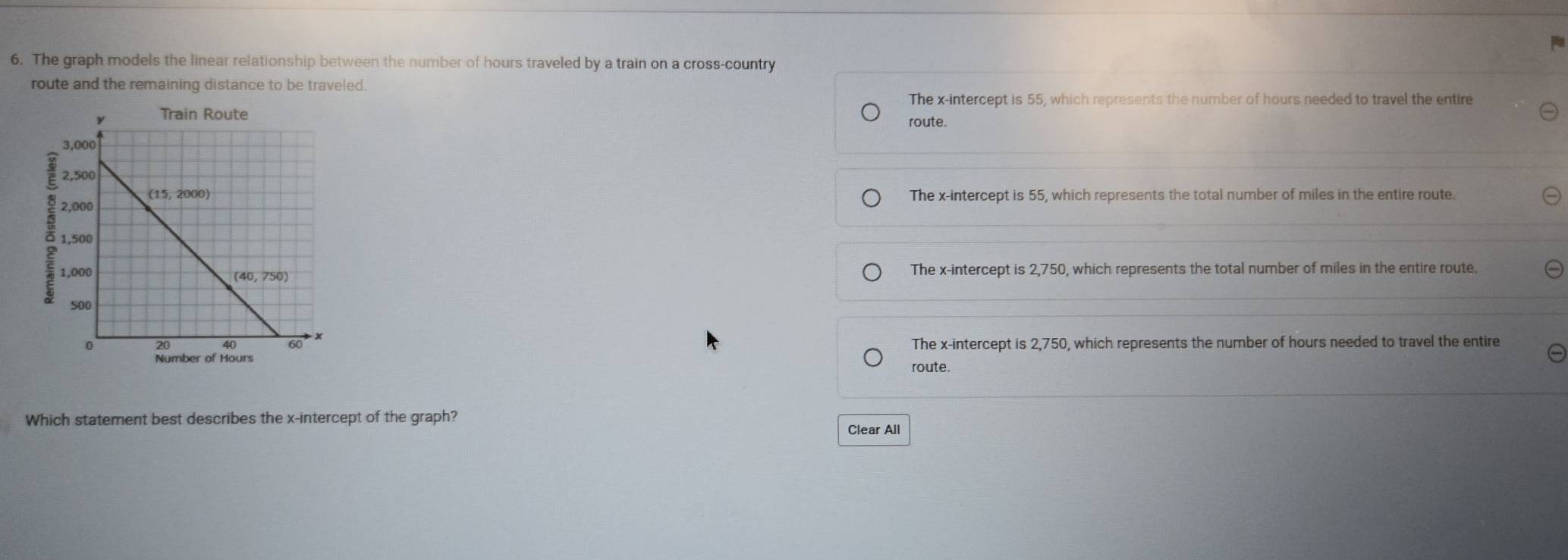 The graph models the linear relationship between the number of hours traveled by a train on a cross-country
route and the remaining distance to be traveled.
The x-intercept is 55, which represents the number of hours needed to travel the entire
route.
The x-intercept is 55, which represents the total number of miles in the entire route.
The x-intercept is 2,750, which represents the total number of miles in the entire route.
The x-intercept is 2,750, which represents the number of hours needed to travel the entire
route.
Which statement best describes the x-intercept of the graph?
Clear All