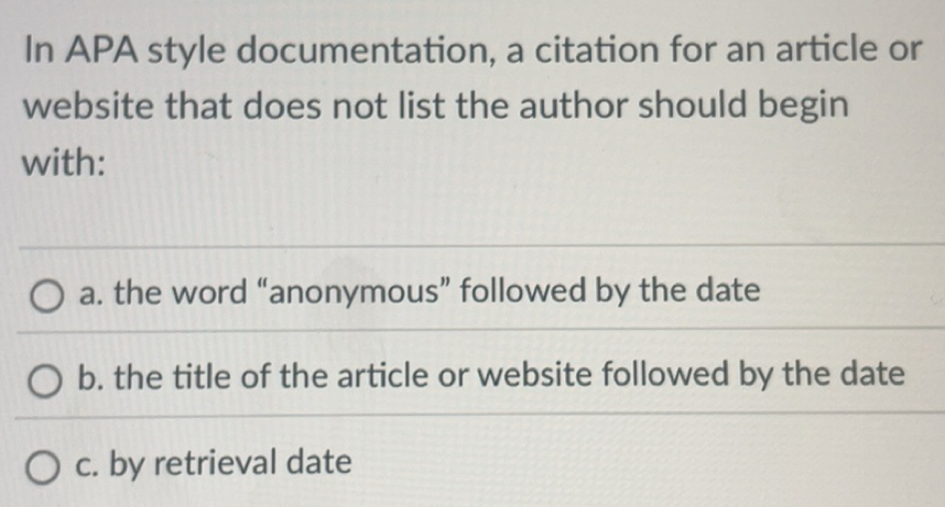 Solved: In APA style documentation, a citation for an article or ...