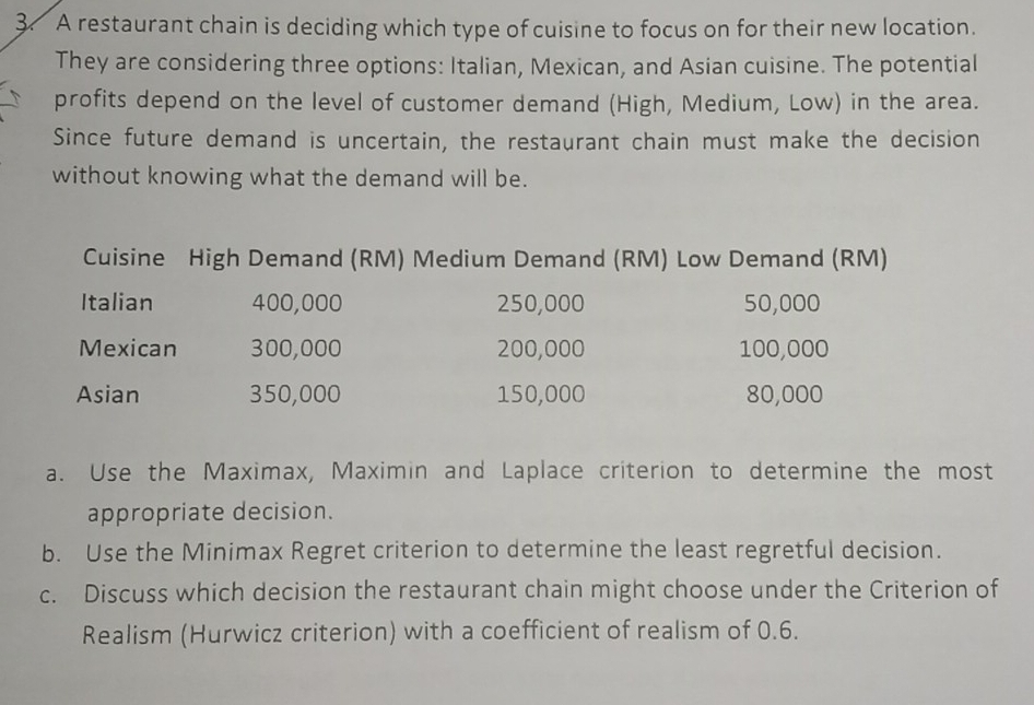 A restaurant chain is deciding which type of cuisine to focus on for their new location. 
They are considering three options: Italian, Mexican, and Asian cuisine. The potential 
profits depend on the level of customer demand (High, Medium, Low) in the area. 
Since future demand is uncertain, the restaurant chain must make the decision 
without knowing what the demand will be. 
a. Use the Maximax, Maximin and Laplace criterion to determine the most 
appropriate decision. 
b. Use the Minimax Regret criterion to determine the least regretful decision. 
c. Discuss which decision the restaurant chain might choose under the Criterion of 
Realism (Hurwicz criterion) with a coefficient of realism of 0.6.