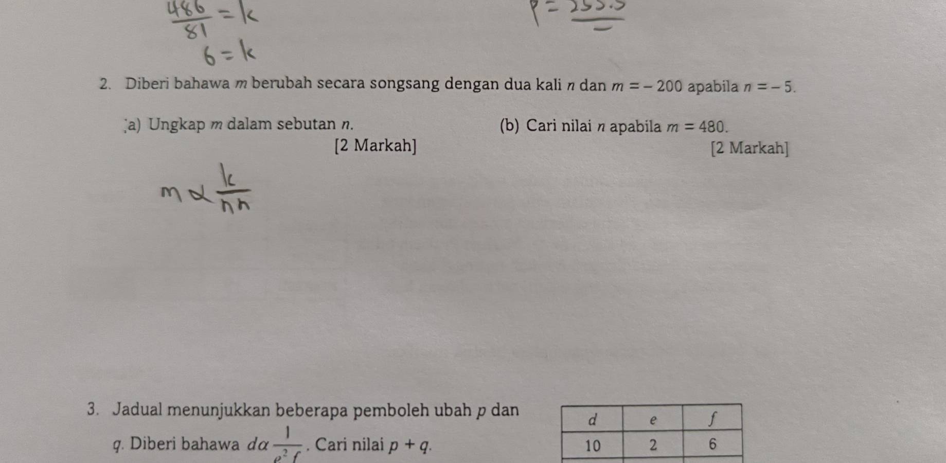 Diberi bahawa m berubah secara songsang dengan dua kali n dan m=-200 apabila n=-5. 
;a) Ungkap m dalam sebutan n. (b) Cari nilai n apabila m=480. 
[2 Markah] [2 Markah] 
3. Jadual menunjukkan beberapa pemboleh ubah p dan
q. Diberi bahawa dα  1/rho^2f . Cari nilai p+q.