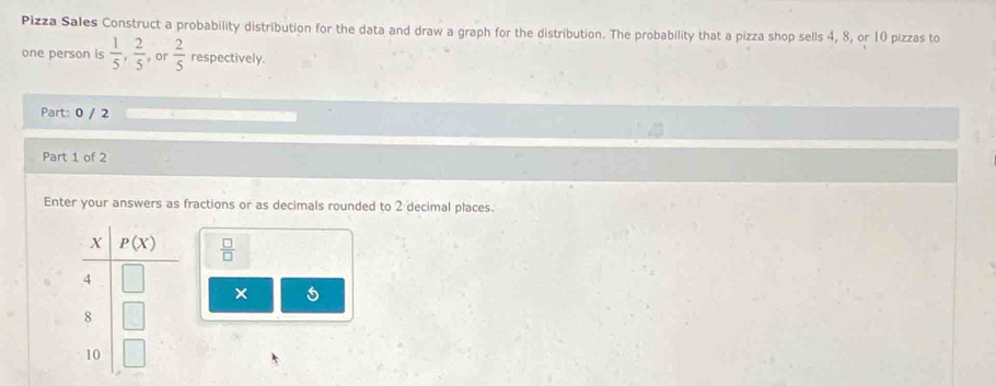 Pizza Sales Construct a probability distribution for the data and draw a graph for the distribution. The probability that a pizza shop sells 4, 8, or 10 pizzas to
one person is  1/5 , 2/5  , or  2/5  respectively.
Part: 0 / 2
Part 1 of 2
Enter your answers as fractions or as decimals rounded to 2 decimal places.
 □ /□  
×