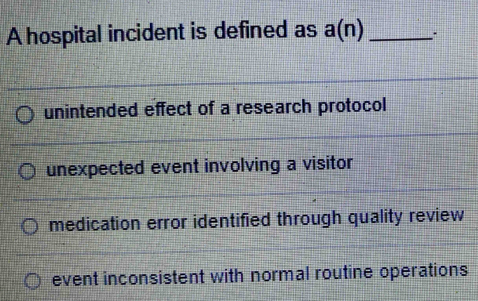Solved: A hospital incident is defined as a(n) _ unintended effect of a ...