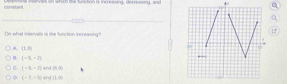 Determine intervais on which the function is increasing, decreasing, and y
constant. 
On what intervals is the function increasing?
A. (1,9)
-10 10
B. (-5,-2)
C. (-5,-2) and (6,9)
D. (-7,-5) and (1,9) 10