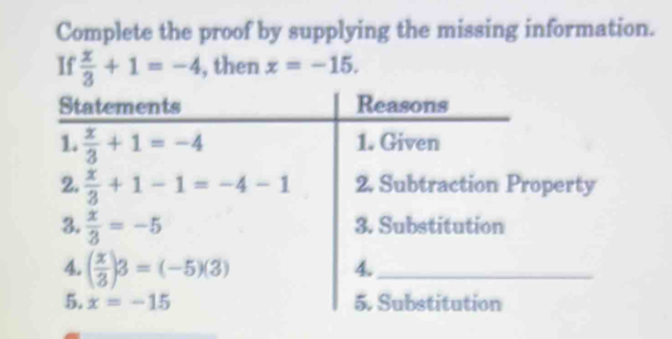 Complete the proof by supplying the missing information.
If  x/3 +1=-4 , then x=-15.