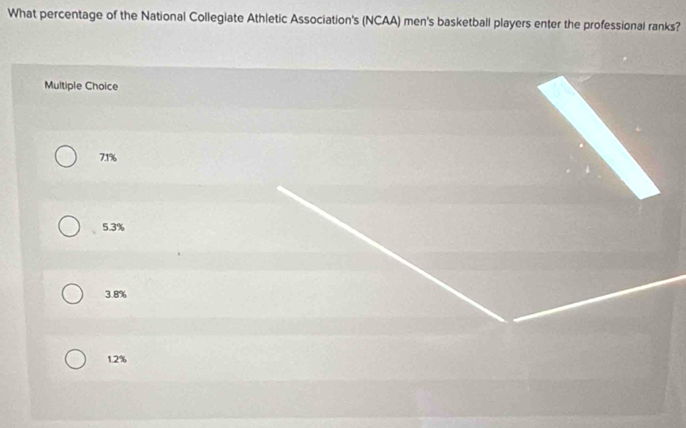 What percentage of the National Collegiate Athletic Association's (NCAA) men's basketball players enter the professional ranks?
Multiple Choice
7.1%
5.3%
3.8%
1.2%