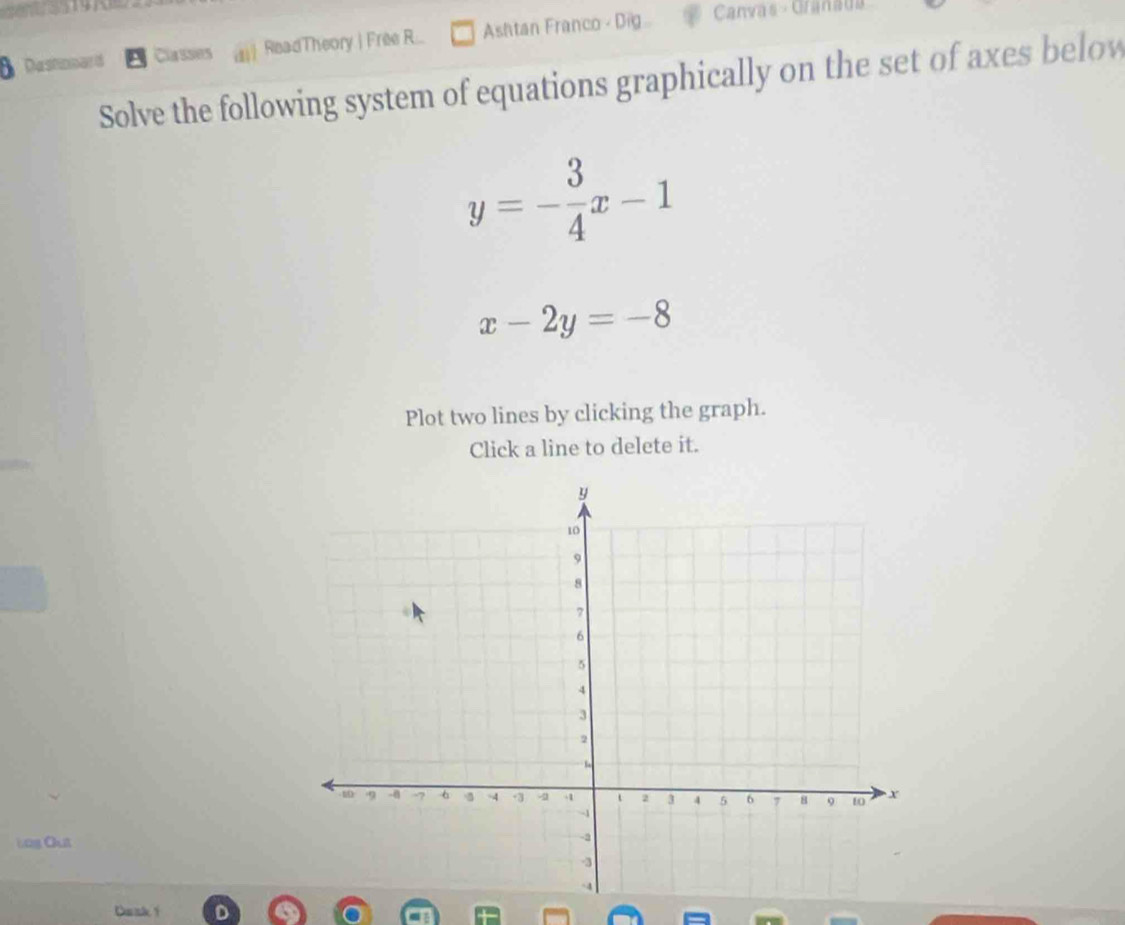 Dashoward Classes n1 ReadTheory | Free R... Ashtan Franco - Dig Canvas - Granau
Solve the following system of equations graphically on the set of axes belov
y=- 3/4 x-1
x-2y=-8
Plot two lines by clicking the graph.
Click a line to delete it.
Log Out