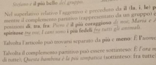 Stefano è il più bello del gruppo. 
Nel superlativo relativo l'aggettivo e preceduto da il (la, i, le) p 
mentre il complemento partitivo (rappresentato da un gruppo) è 
posizioni di, tra, fra: Piero è il più coraggioso di πoi; Maria e é 
spiritose tra voi; I cani sono i piu fedeli fra tutti gli animali. 
Talvolta l'articolo può trovarsi separato da più e meno: Ê Ρиοмό 
Talvolta il complemento partitivo può essere sottinteso: È l'ora m 
di tutte); Questa bambina è la più simpatica (sottinteso: fra tutte)