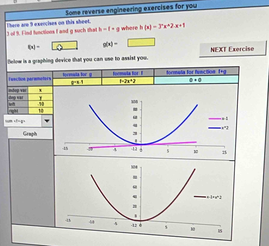 Some reverse engineering exercises for you
There are 9 exercises on this sheet.
3 of 9. Find functions f and g such that h=f+g where h(x)=3^xx^(wedge)2-x+1
f(x)=
g(x)= P(A∪ B)= □ /□  
NEXT Exercise
Below is a graphing device that you can use to assist you.
Function parameters formula for g formula for f formula for function f+g
g=x-1
f=2x^(wedge)2
0+0
indep var x
dep var y
left .10 108
right 10
68
x-1
sum ∠ f+g>
48
x^(wedge)2
Graph 28
8
-15 o -5 -12 。 5 10 15