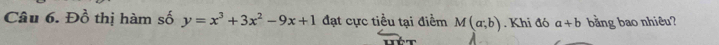 Đồ thị hàm số y=x^3+3x^2-9x+1 đạt cực tiều tại điểm M(a;b). Khi đó a+b bằng bao nhiêu?
