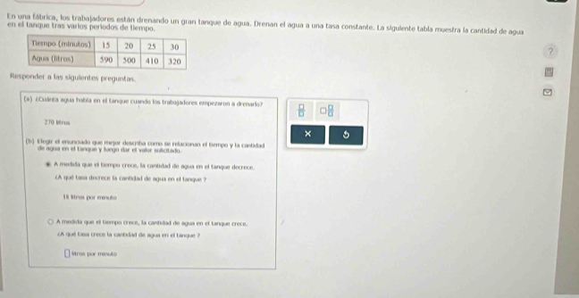 En una fábrica, los trabajadores están drenando un gran tanque de agua. Drenan el agua a una tasa constante. La siguiente tabla muestra la cantidad de agua
en el tanque tras varios períodos de tiempo.
?
Responder a las siguientes preguntas.
(a) ¿Cuánta agua había en el tanque cuando los trabajadores empezaron a drenario?  □ /□   □^(□)
270 Mtrus
×
(b) Elegir el enunciado que mejor descritha como se relacionan el tiempo y la castidad
de agua en el tanque y luego dar el valor sulicitado.
A medida que el tiempo crece, la cantidad de agua en el tanque decrece.
¿A qué tasa decrece la cantidad de agua en el tanque ?
18 Stras por eenuto
A medida que el tempo crece, la cantidad de agua en el tanque crece.
¿A quil tasa crece la cantidad de agua en el tanque
Stros por menuto