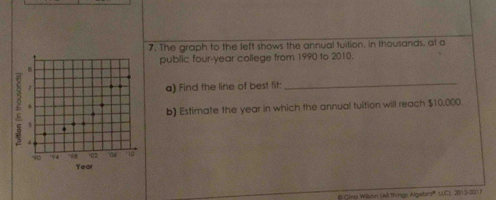 The graph to the left shows the annual tuition, in thousands, at a 
public four-year college from 1990 to 2010. 
B 
2 
a) Find the line of best fit: 
_ 
6 
b) Estimate the year in which the annual tuition will reach $10,000. 
s 4
5
90 94 98 02 06 * 10
Year
# Gina Wilson (All Things Algebra® LI.C), 2012-2017