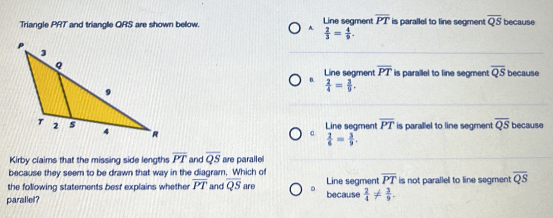 Solved: Triangle PRT and triangle QRS are shown below. Line segment ...