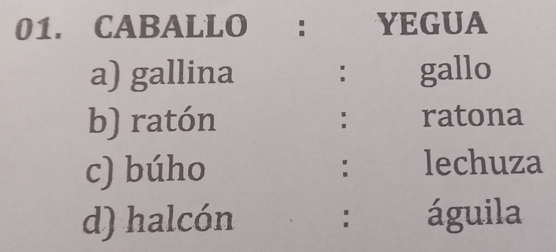 CABALLO : YEGUA 
a) gallina gallo 
: 
b) ratón 
: ratona 
c) búho 
: 
lechuza 
d) halcón : águila