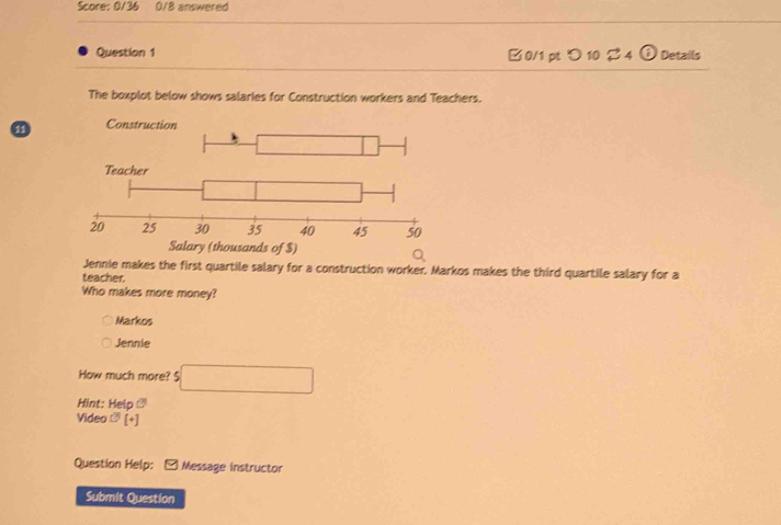 Score: 0/36 0/8 answered
Question 1 □0/1 pt つ 10 2 4 odot Details
The boxplot below shows salaries for Construction workers and Teachers.
a Construction
□ □
alary (thousands of $)
Jennie makes the first quartile salary for a construction worker. Markos makes the third quartile salary for a
teacher.
Who makes more money?
Markos
Jennie
How much more? beginarrayr  5□ endarray
Hint: Heip□
Video O[+]
Question Help: - Message instructor
Submit Question