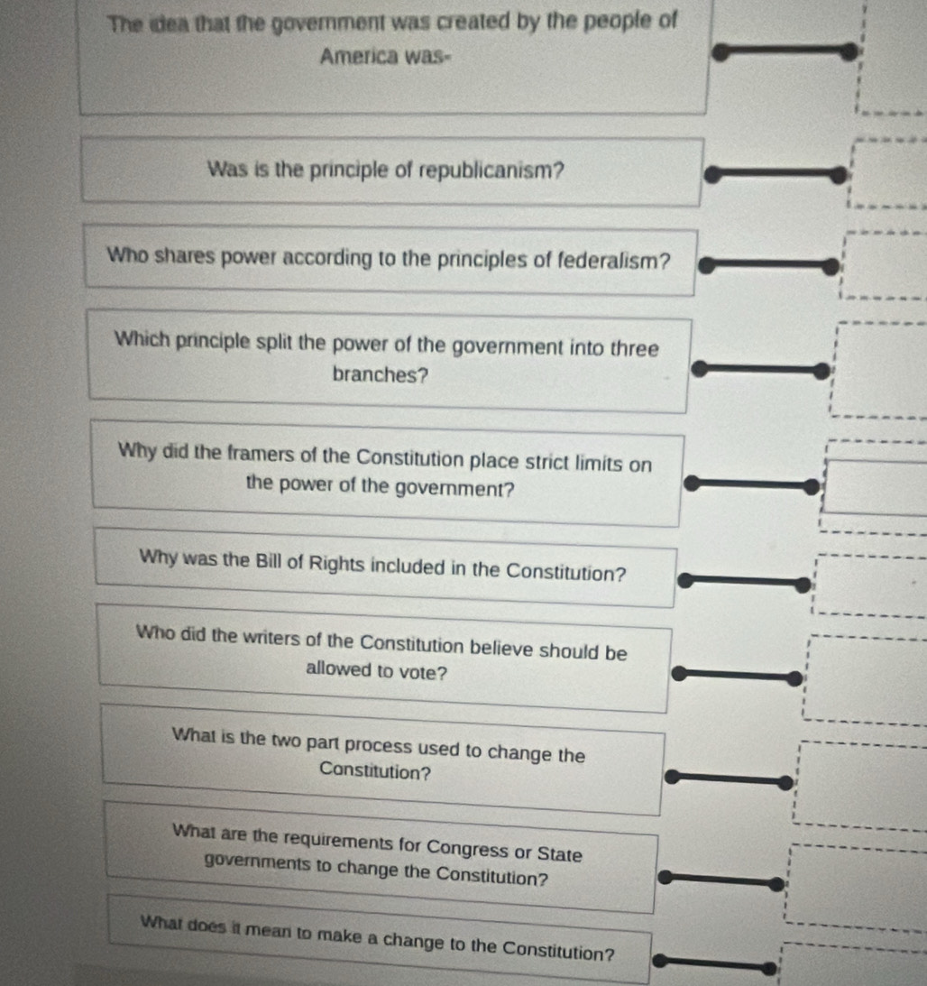 The idea that the government was created by the people of
America was-
Was is the principle of republicanism?
Who shares power according to the principles of federalism?
Which principle split the power of the government into three
branches?
Why did the framers of the Constitution place strict limits on
the power of the government?
Why was the Bill of Rights included in the Constitution?
Who did the writers of the Constitution believe should be
allowed to vote?
What is the two part process used to change the
Canstitution?
What are the requirements for Congress or State
governments to change the Constitution?
What does it mean to make a change to the Constitution?