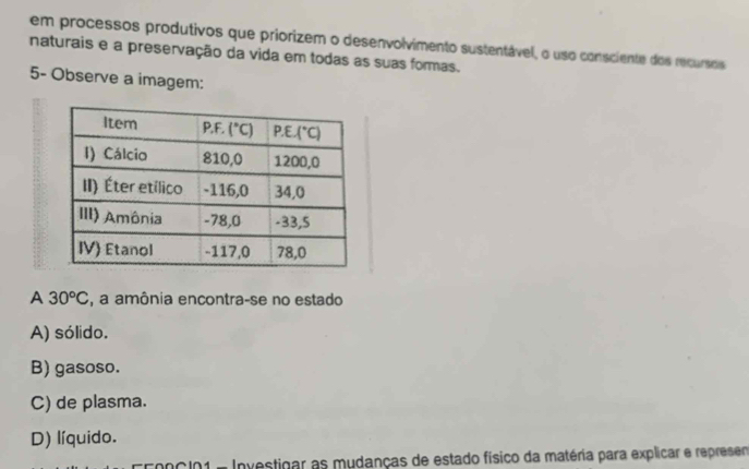 em processos produtivos que priorizem o desenvolvimento sustentável, o uso consciente dos recursos
naturais e a preservação da vida em todas as suas formas.
5- Observe a imagem:
A 30°C , a amônia encontra-se no estado
A) sólido.
B) gasoso.
C) de plasma.
D) líquido.
01 - Investinar as mudanças de estado físico da matéria para explicar e represen