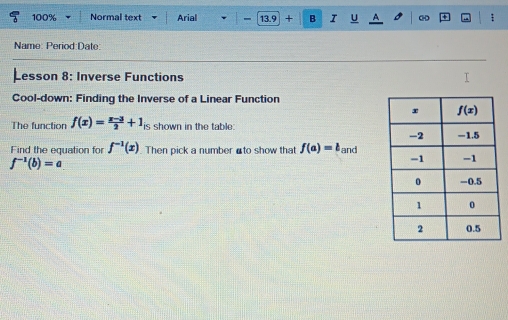 100% Normal text Arial - 13.9 + B I U   ;
Name: Period:Date:
Lesson 8: Inverse Functions I
Cool-down: Finding the Inverse of a Linear Function
The function f(x)= (x-3)/2 +1_i5 shown in the table 
Find the equation for f^(-1)(x) Then pick a number -to show that f(a)=b and
f^(-1)(b)=a