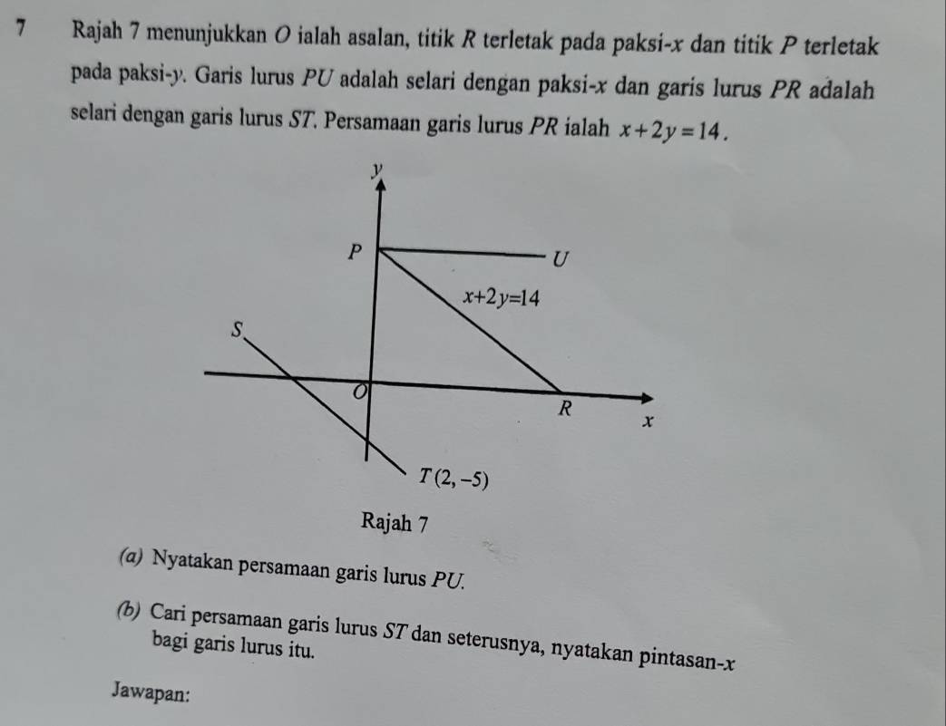 Rajah 7 menunjukkan O ialah asalan, titik R terletak pada paksi-x dan titik P terletak
pada paksi-y. Garis lurus PU adalah selari dengan paksi-x dan garis lurus PR adalah
selari dengan garis lurus ST. Persamaan garis lurus PR ialah x+2y=14.
Rajah 7
(α) Nyatakan persamaan garis lurus PU.
(b) Cari persamaan garis lurus ST dan seterusnya, nyatakan pintasan-x
bagi garis lurus itu.
Jawapan: